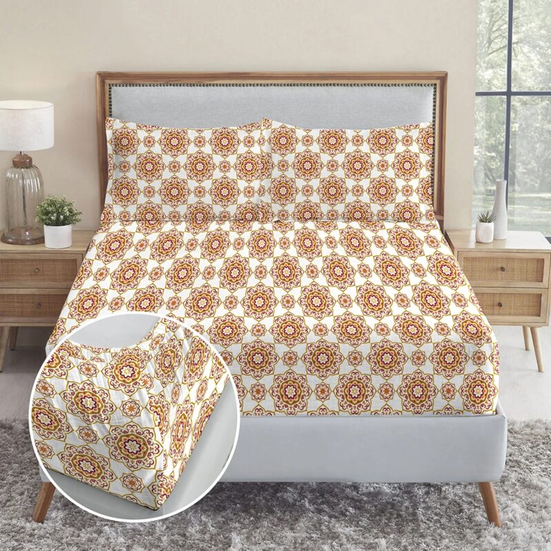 Urban Comfort King Fitted Bedsheet Set, Majestic Mandala Yellow|144 TC Cotton| 2 Pillow Covers