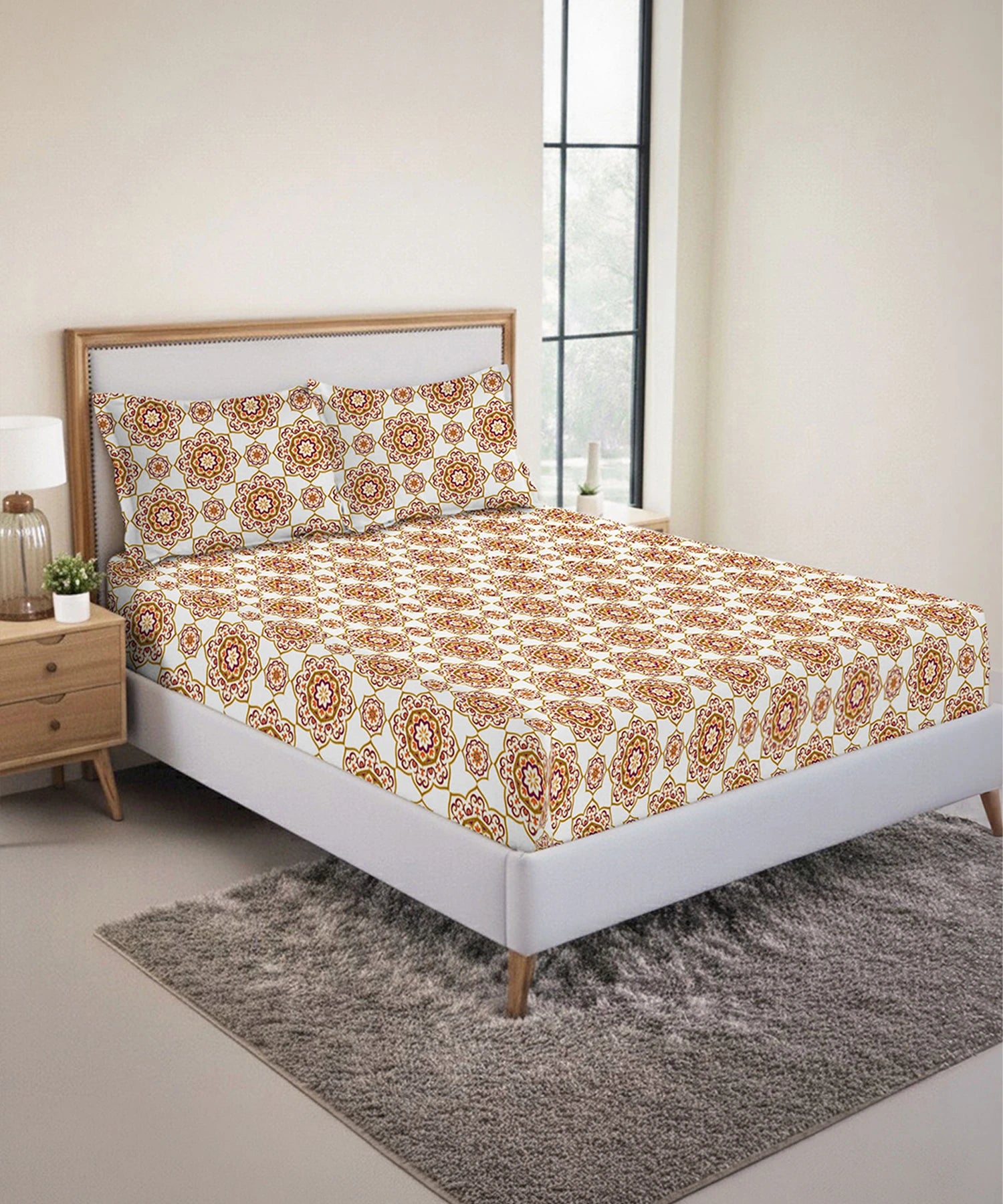 Urban Comfort King Fitted Bedsheet Set, Majestic Mandala Yellow|144 TC Cotton| 2 Pillow Covers - Image 2