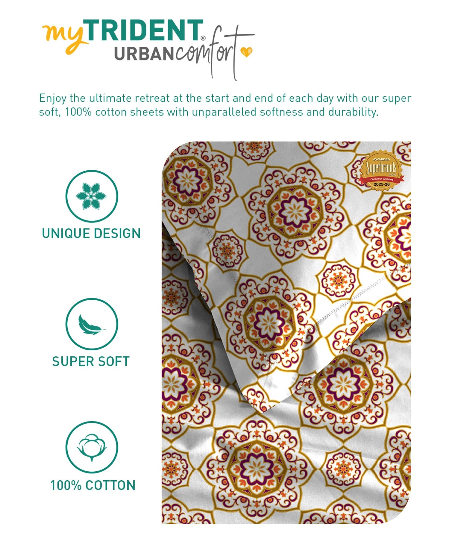 Urban Comfort King Fitted Bedsheet Set, Majestic Mandala Yellow|144 TC Cotton| 2 Pillow Covers - Image 7